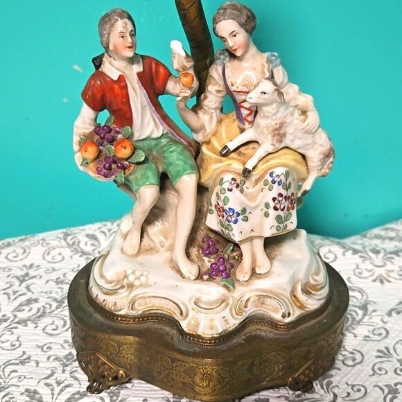 Antique Other - Antique Victorian Porcelain Lamp Courting Couple Sheep Grapes Boudoir Brass